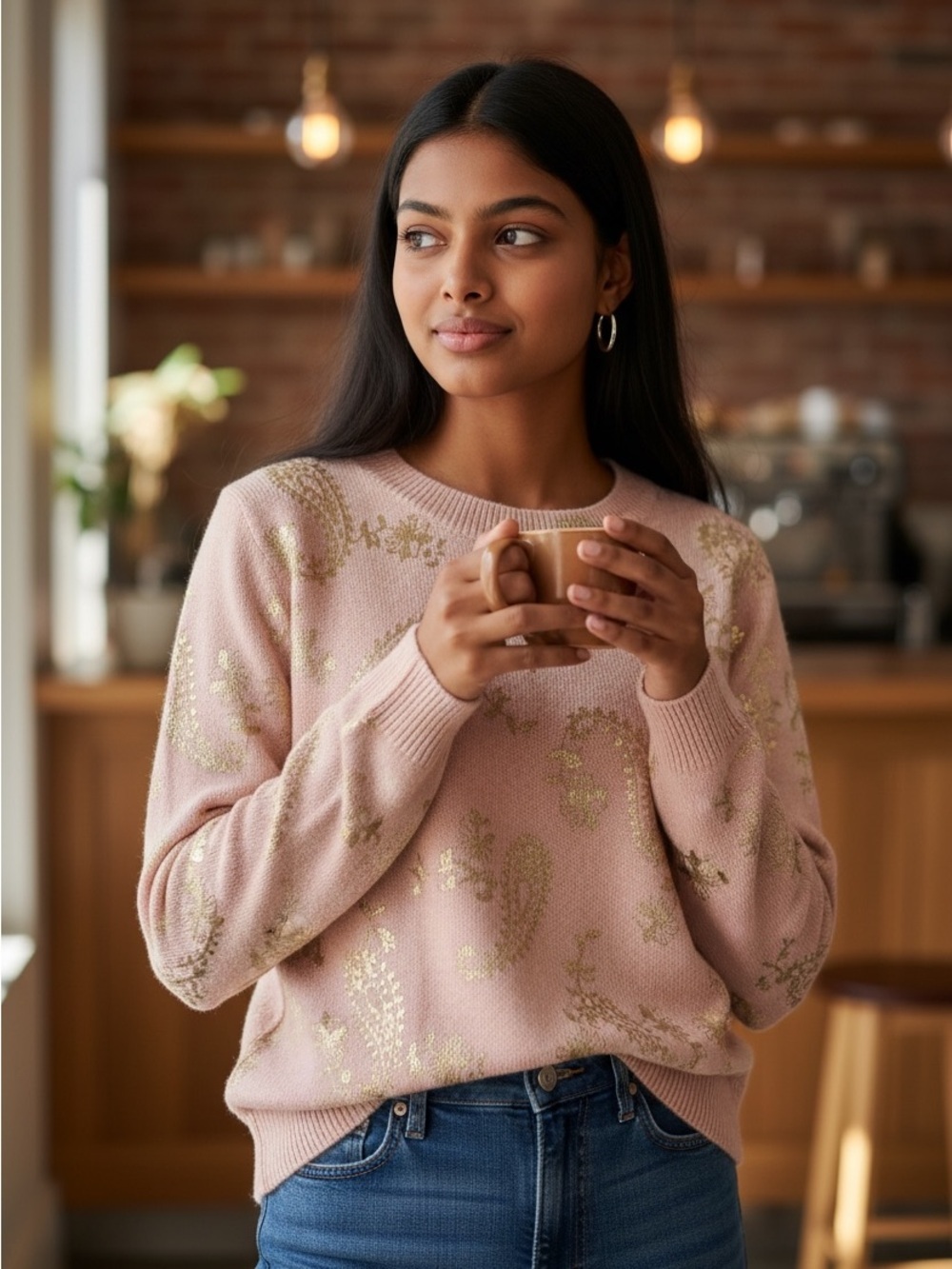 LOFT Pink Gold Paisley Soft Knit Sweater Size Small